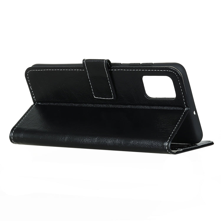 Black flip leather case with horizontal stand for hands-free viewing on Poco M3 phone