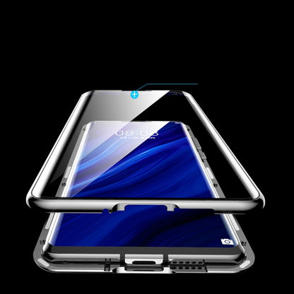 Tempered glass phone case with magnetic frame viewed from the side