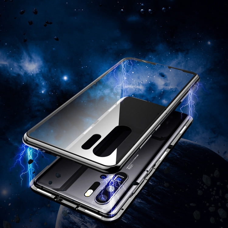 Magnetic metal and tempered glass phone case with camera opening