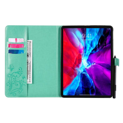 Green butterfly-print leather folio with inside card slots and tablet screen view