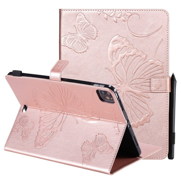 Rose gold leather flip case with embossed butterfly pattern, magnetic flap and stand