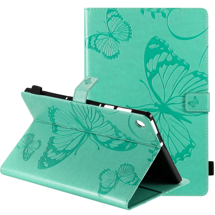 Green butterfly-print leather tablet case with flip stand and side viewing opening
