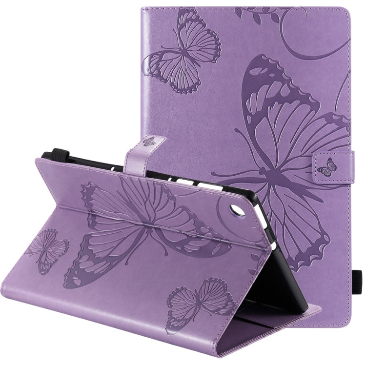 Purple leather folio case with butterfly emboss print, side strap and angled stand