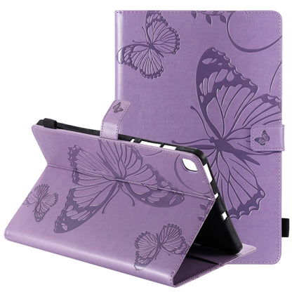 Purple leather folio case with butterfly pattern, front flap folded as a stand