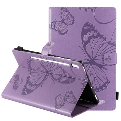 Purple leather flip case with butterfly pattern, open front cover forming a base