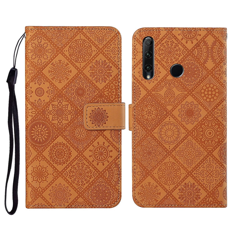 Brown embossed leather flip phone case with lanyard, card slots and wallet cover