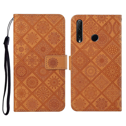 Brown embossed leather flip phone case with lanyard, card slots and wallet cover