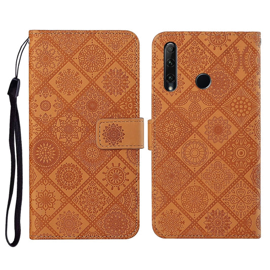 Brown embossed leather flip phone case with lanyard, card slots and wallet cover