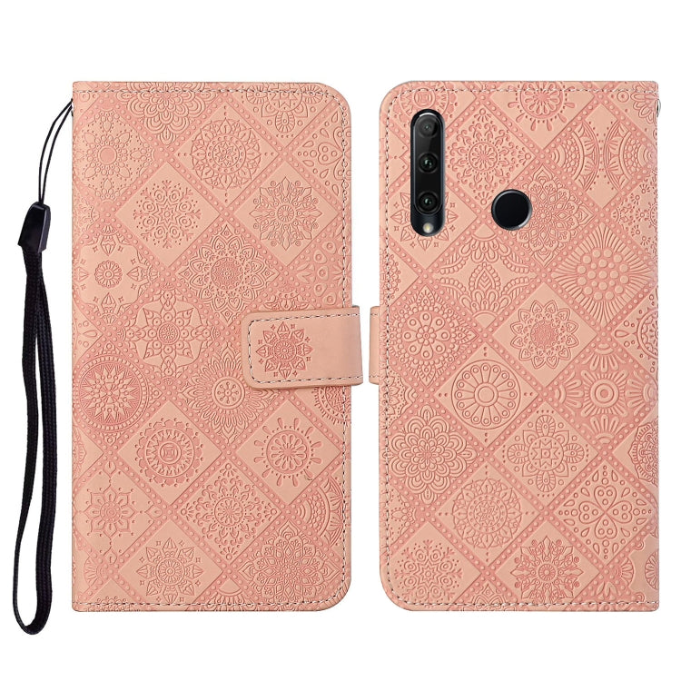 Pink embossed leather flip phone case with lanyard, card slots and wallet cover