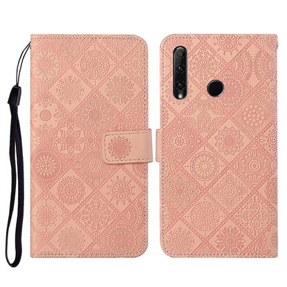 Pink embossed leather flip phone case with lanyard, card slots and wallet cover