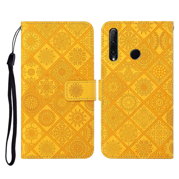 Yellow embossed leather flip phone case with lanyard, card slots and wallet cover