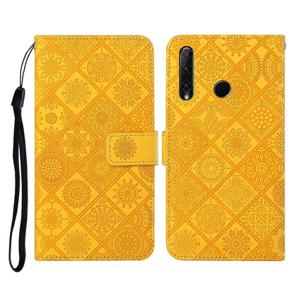 Yellow embossed leather flip phone case with lanyard, card slots and wallet cover