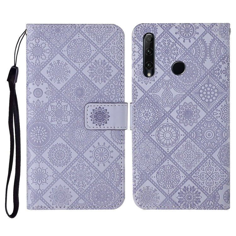 Purple embossed leather flip phone case with lanyard, card slots and wallet cover