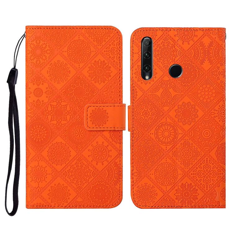 Orange embossed folio leather phone case with flip cover, card slot, and wrist strap