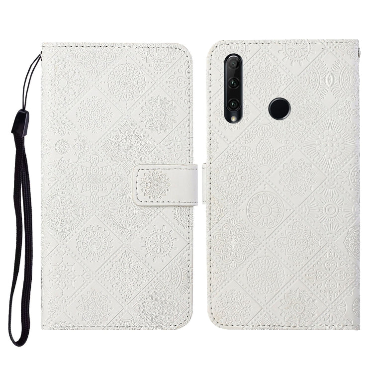 White embossed folio leather phone case with flip cover, card slot, and wrist strap