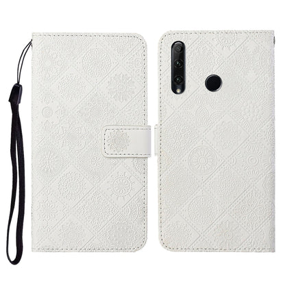 White embossed folio leather phone case with flip cover, card slot, and wrist strap