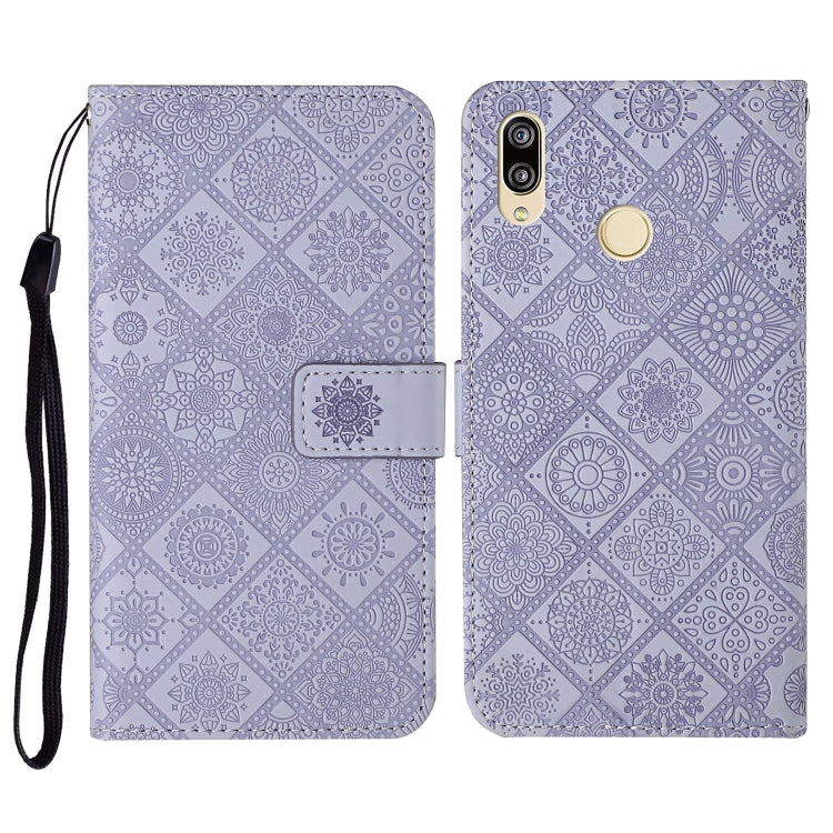 Lavender embossed folio leather phone case with flip cover, card slot, and wrist strap