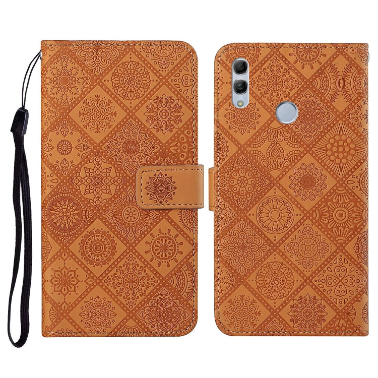 Brown embossed flip leather phone case with card holder, lanyard strap, and camera cutout