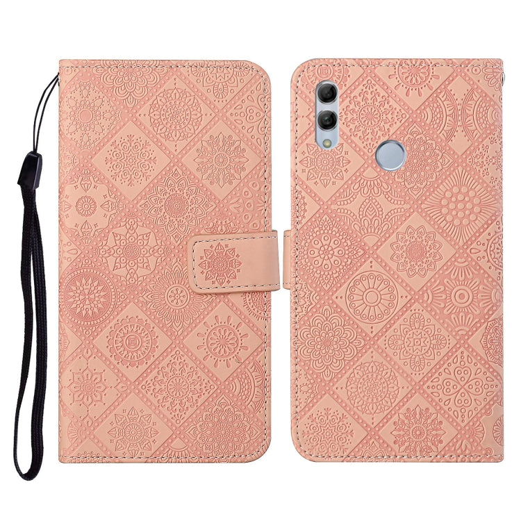 Pink embossed flip leather phone case with card holder, lanyard strap, and camera cutout