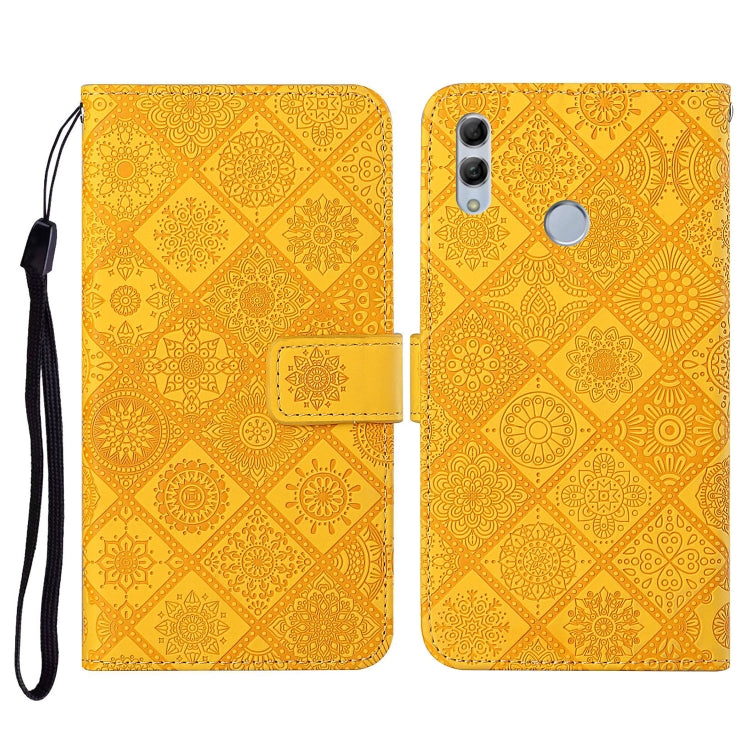 Yellow embossed flip leather phone case with card holder, lanyard strap, and camera cutout
