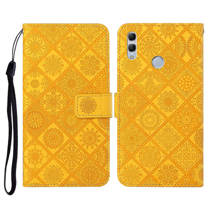 Yellow embossed flip leather phone case with card holder, lanyard strap, and camera cutout