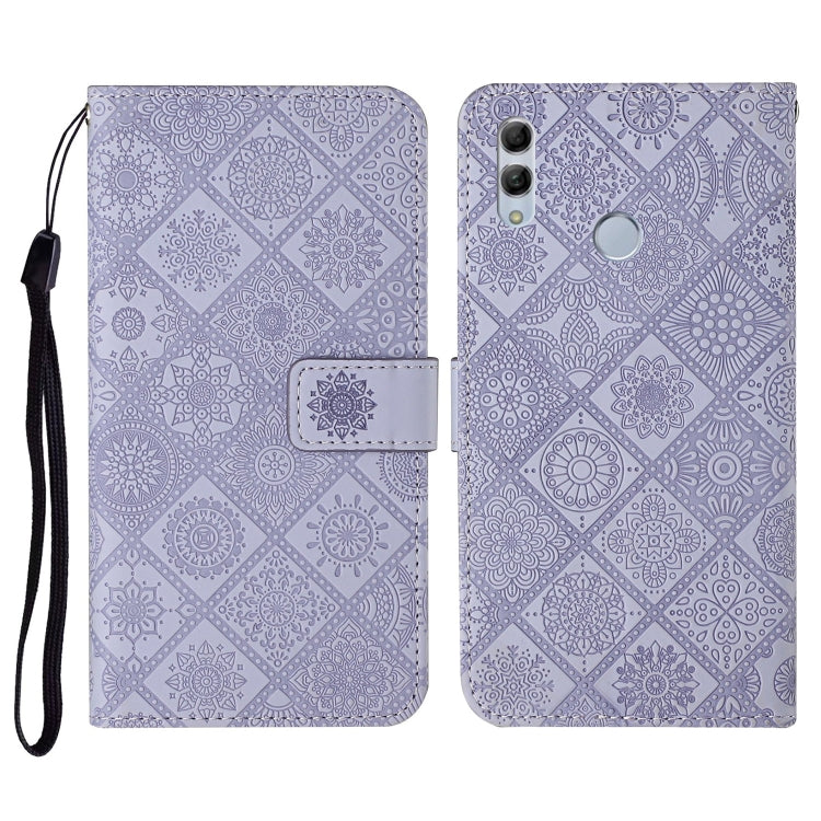Purple embossed flip leather phone case with card holder, lanyard strap, and camera cutout