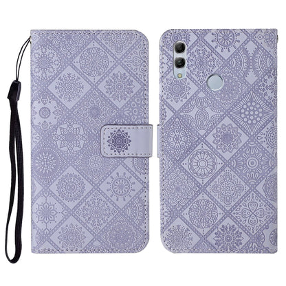 Purple embossed flip leather phone case with card holder, lanyard strap, and camera cutout