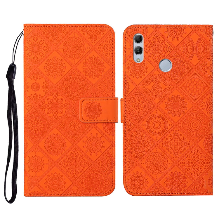 Orange embossed flip leather phone case with card holder, lanyard strap, and camera cutout