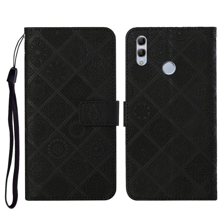 Black embossed flip leather phone case with card holder, lanyard strap, and camera cutout