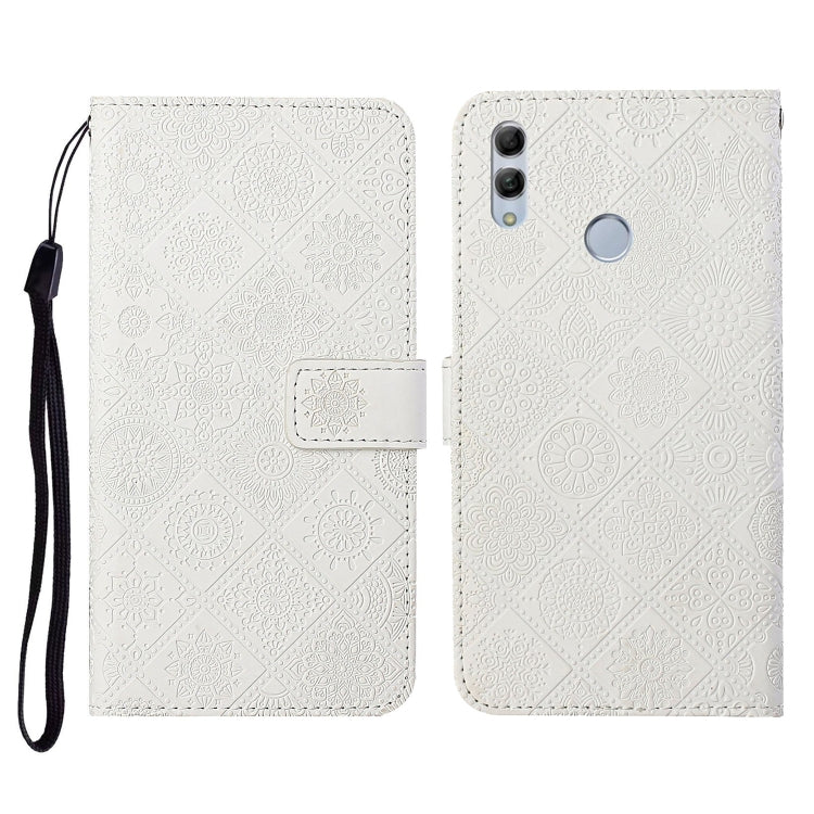 White embossed flip leather phone case with card holder, lanyard strap, and camera cutout