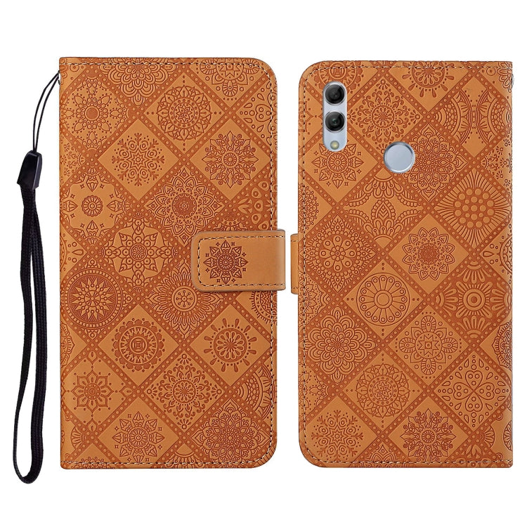 Brown embossed flip leather phone wallet case with card slots and lanyard strap