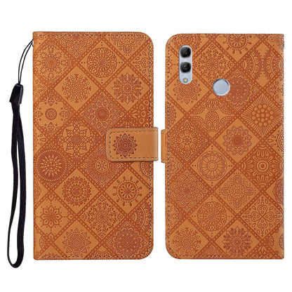 Brown embossed flip leather phone wallet case with card slots and lanyard strap