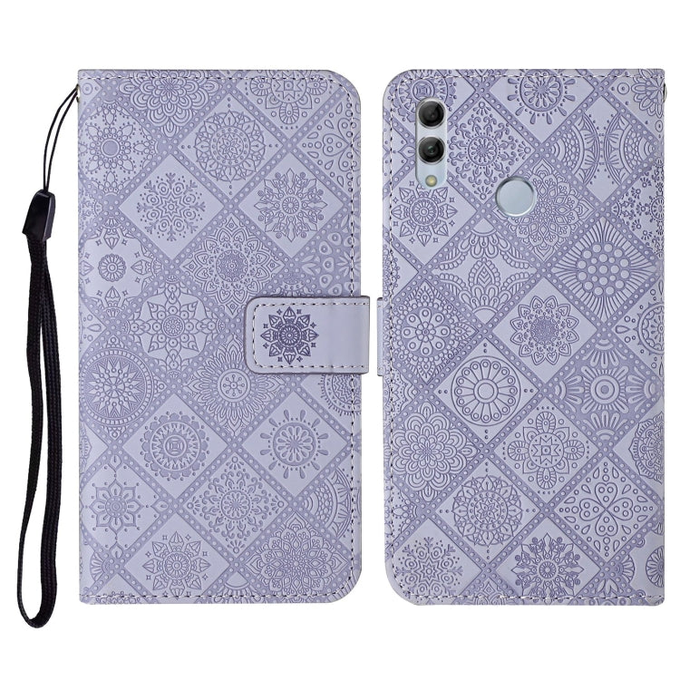 Purple embossed flip phone wallet case with wrist strap and card holder slot