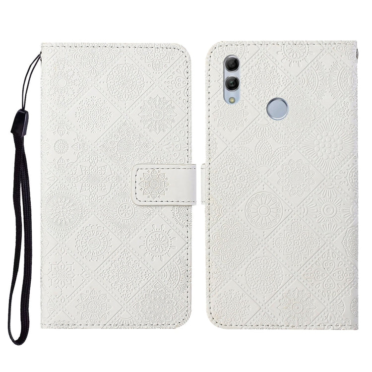 White embossed flip phone wallet case with wrist strap and card holder pocket