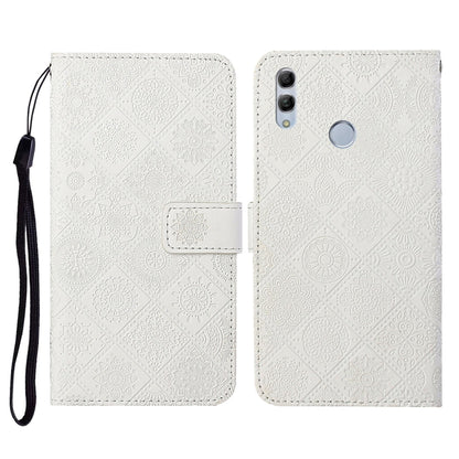 White embossed flip phone wallet case with wrist strap and card holder pocket
