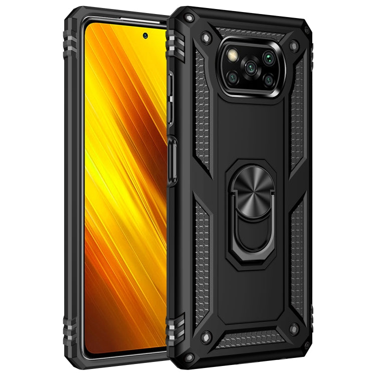 Black shockproof phone case with raised camera cover and built-in rotating stand ring
