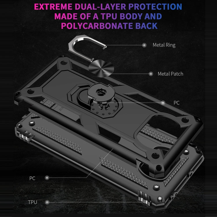 Rugged black phone case with rotating ring holder, dual-layer back protection frame