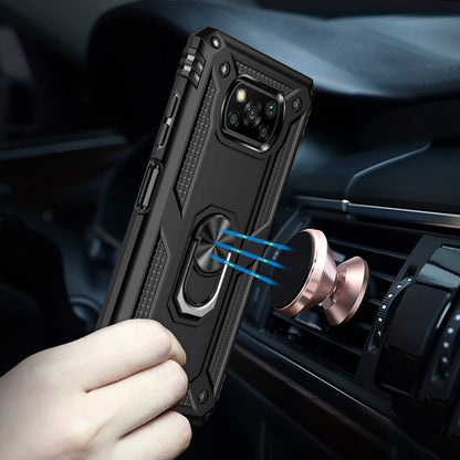 Black protective phone case on dashboard holder mount with rotating ring on back