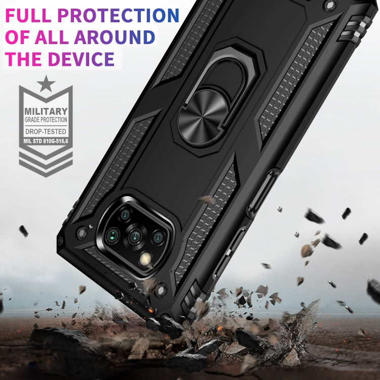 Black heavy-duty phone case with raised camera bezel and rotating stand ring