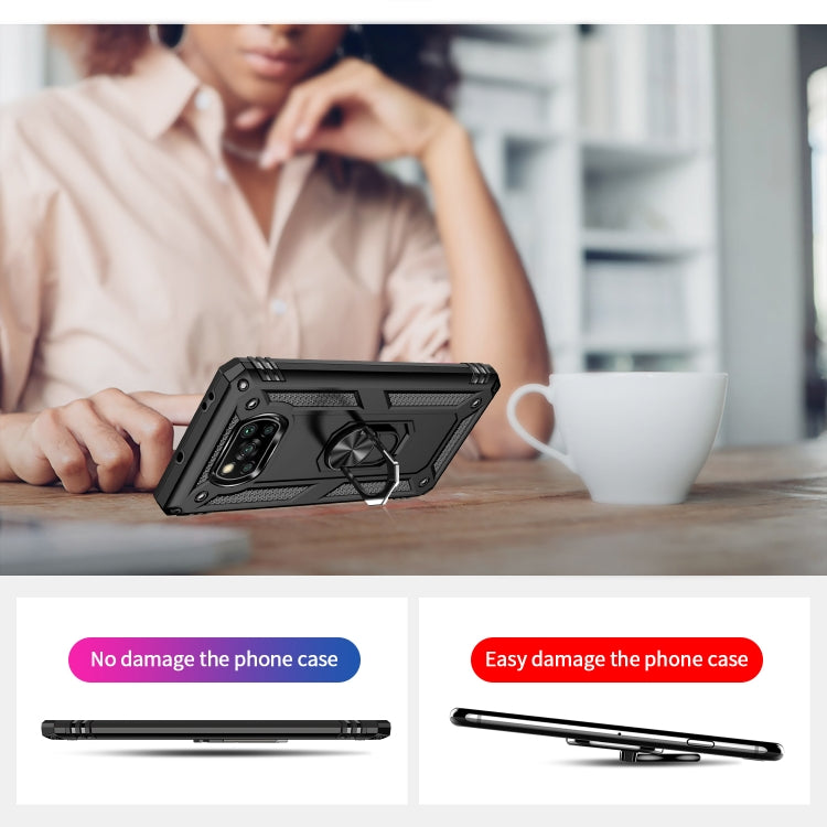 Black rugged phone case with rotating ring stand held by hand on desk