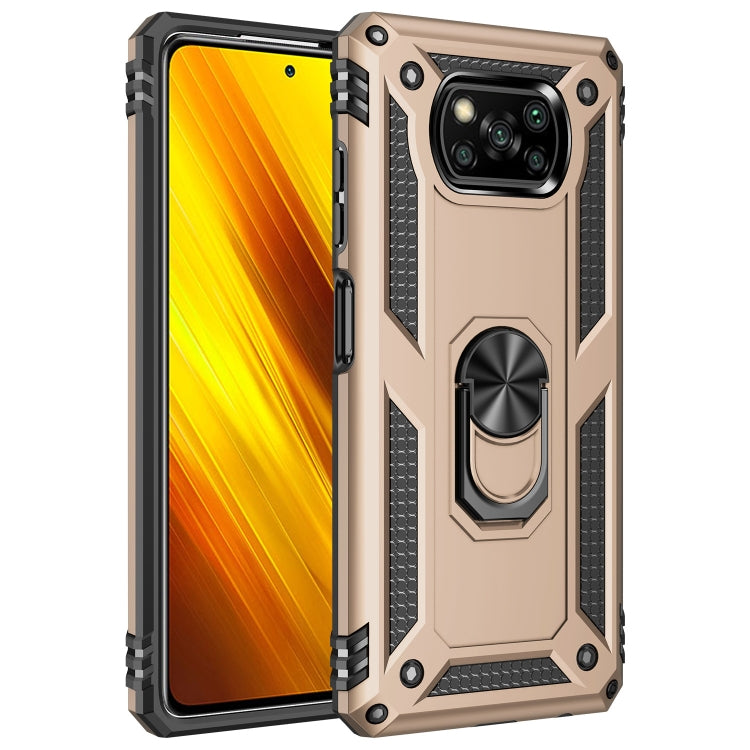Gold rugged phone case with raised camera cover and rotating stand ring