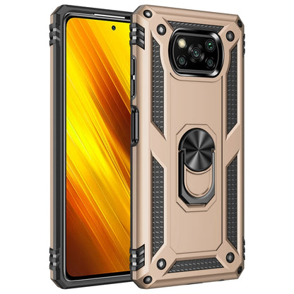 Gold rugged phone case with raised camera cover and rotating stand ring