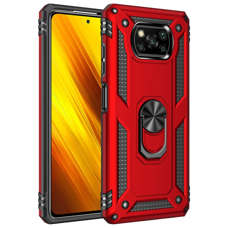 Red rugged phone case with raised camera bezel and built-in rotating stand ring