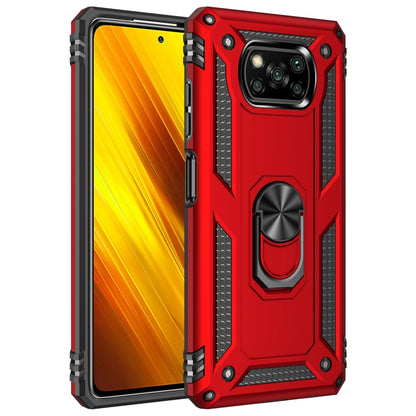 Red rugged phone case with raised camera bezel and built-in rotating stand ring