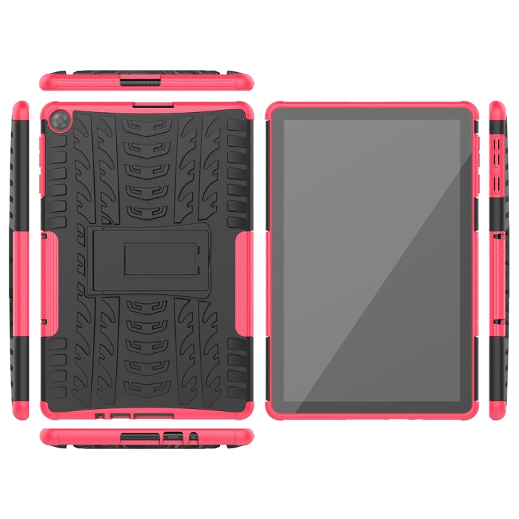 Rugged red-pink tablet case with textured back, front cover, and holder