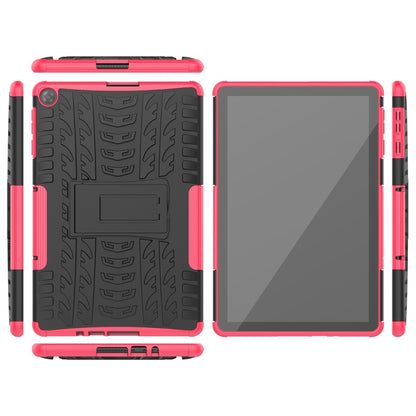Rugged red-pink tablet case with textured back, front cover, and holder