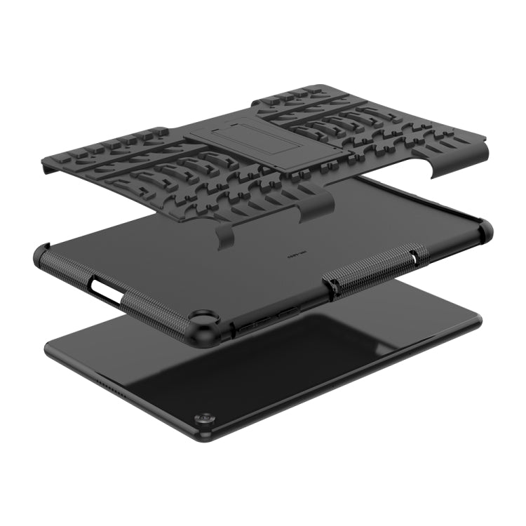 Black shockproof tablet case with textured back and fold-out stand