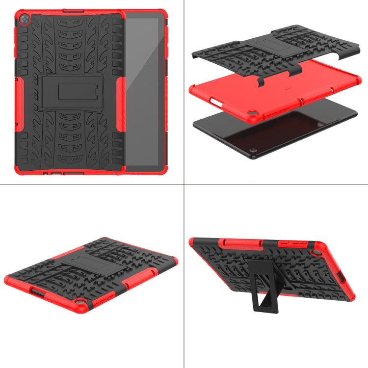 Red and black rugged tablet case with textured back, stand, and side grips