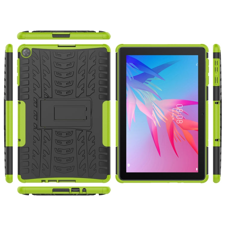 Green rugged tablet case with textured back, stand, and front opening