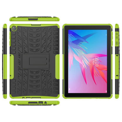 Green rugged tablet case with textured back, stand, and front opening